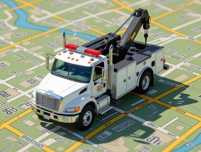Tow truck at dusk with secure vehicle load